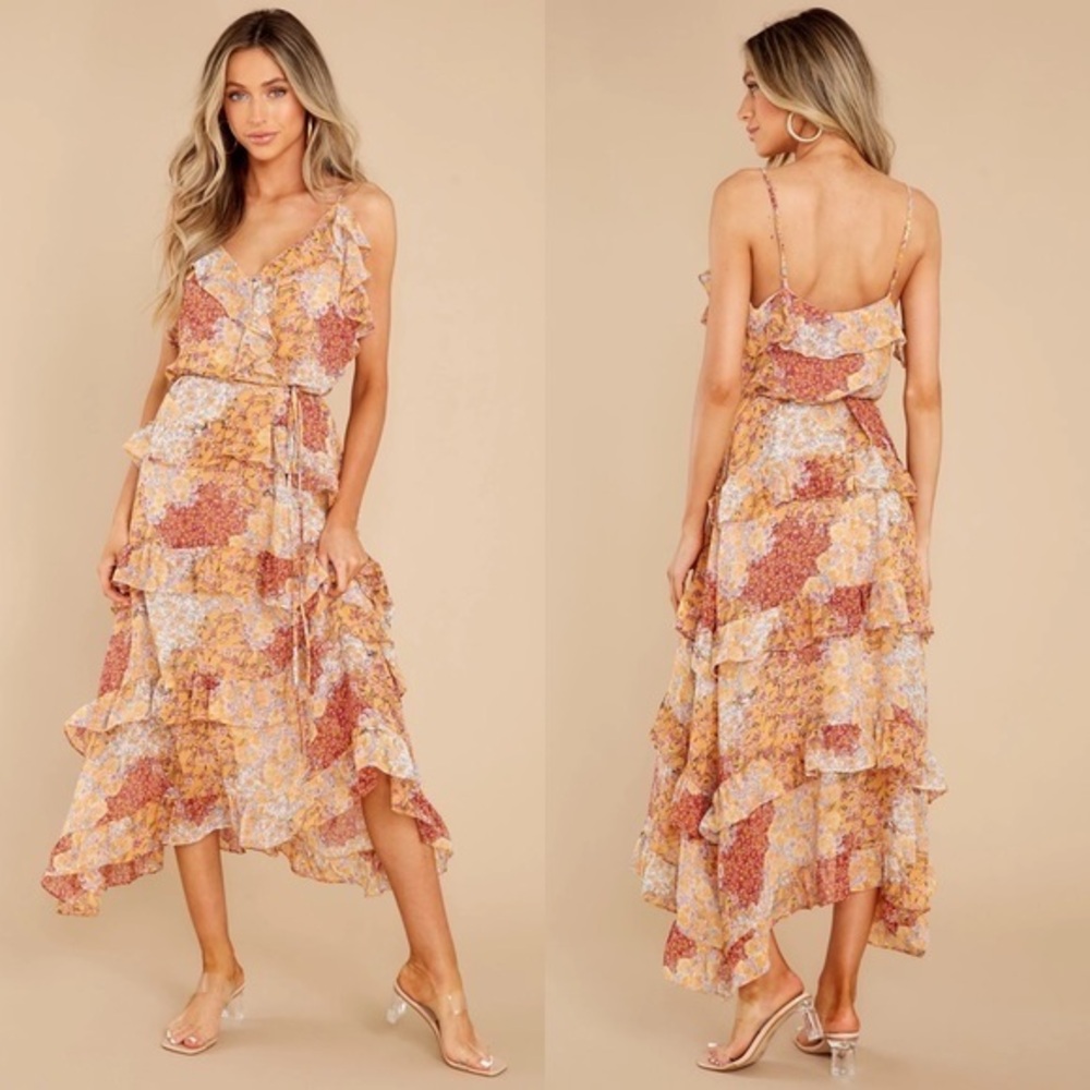 Dress Forum The Weekend Awaits Goldenrod Floral Print Midi Dress Size Medium